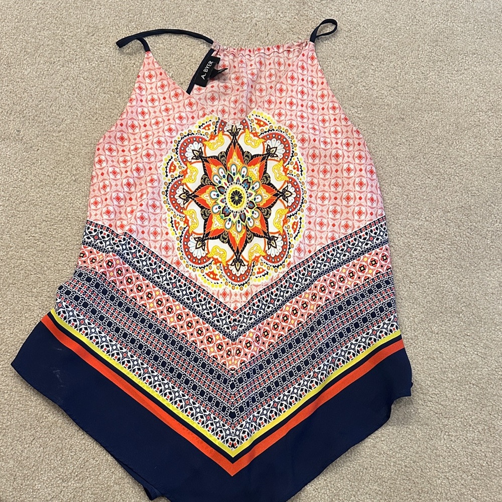 A. Byer Pink and Navy Patterned Top
